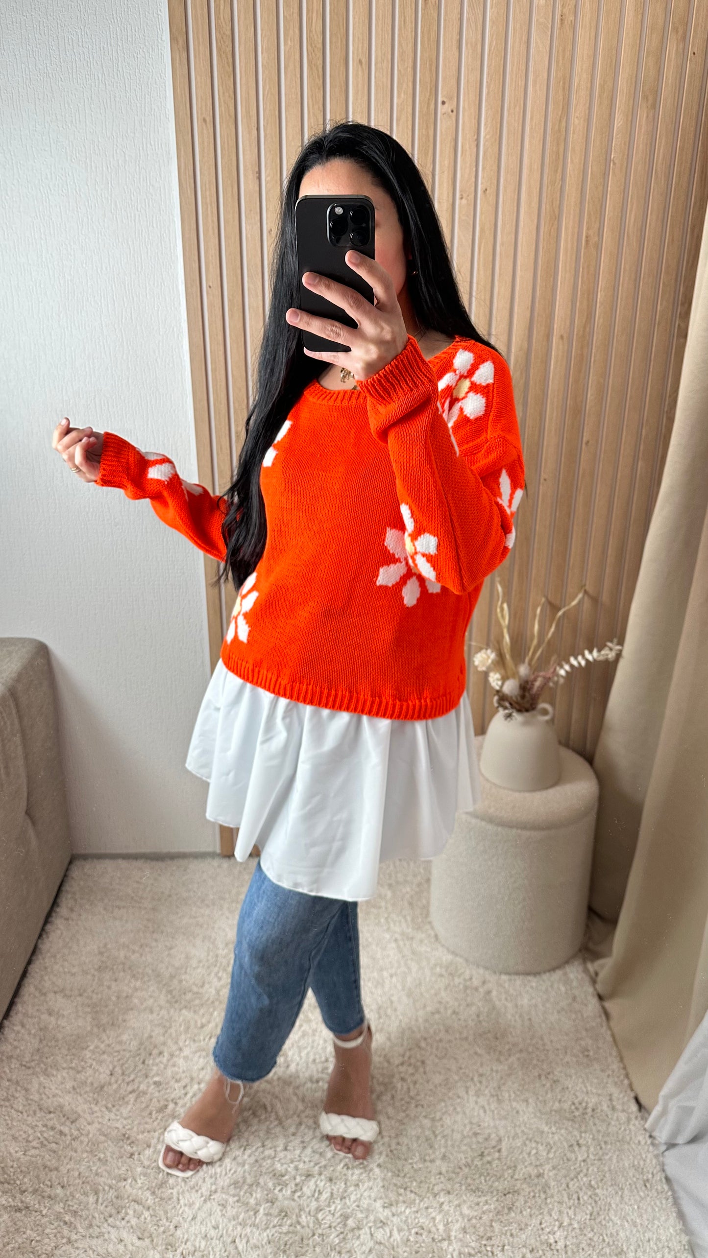 PULL FLEURS ORANGE