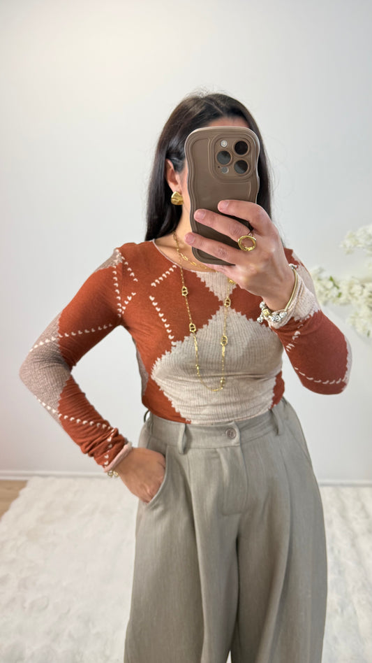 HAUT LOSANGES CACHEMIRE BRIQUE